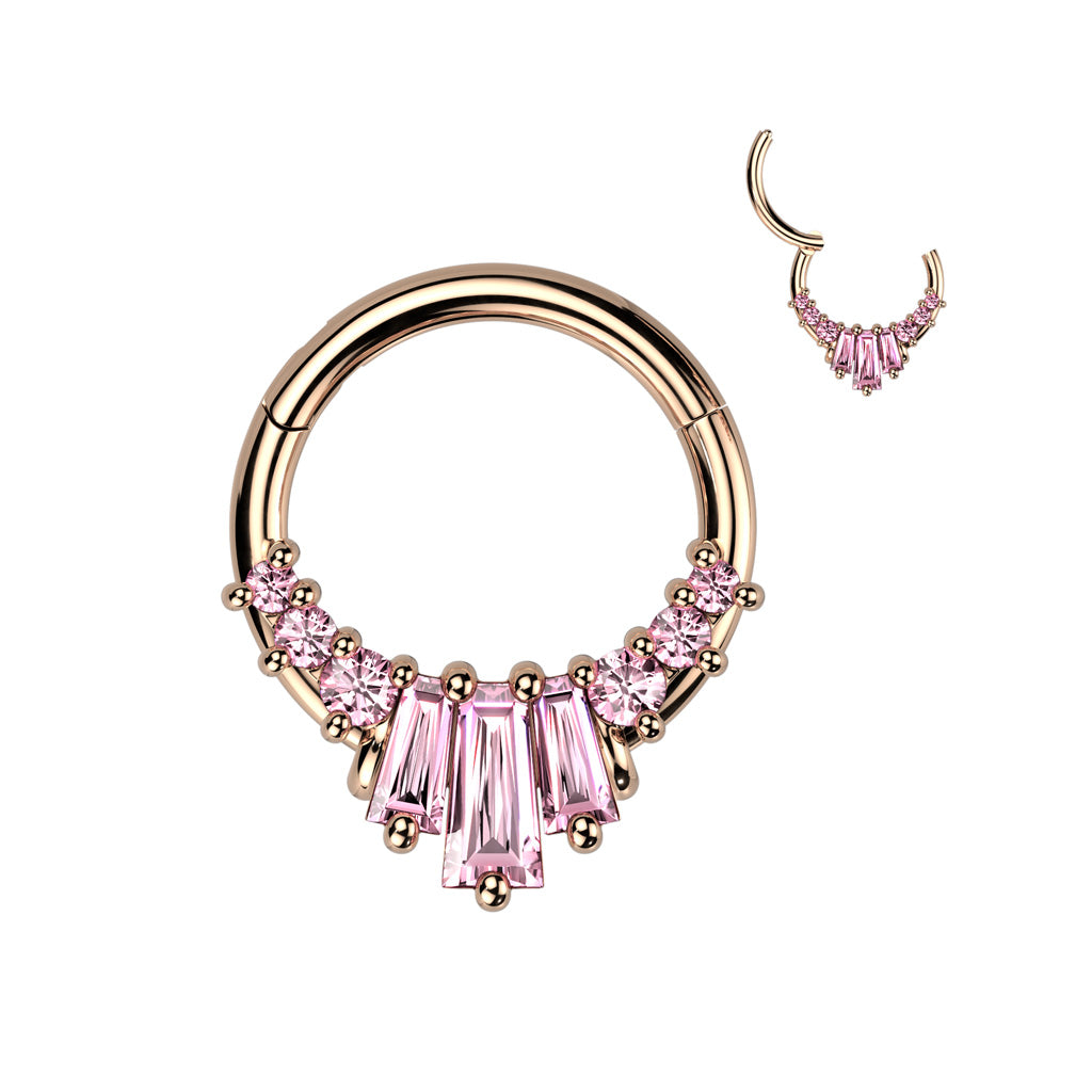 Surgical Steel Hinged Segment Ring With 3 Baguette CZ Fan